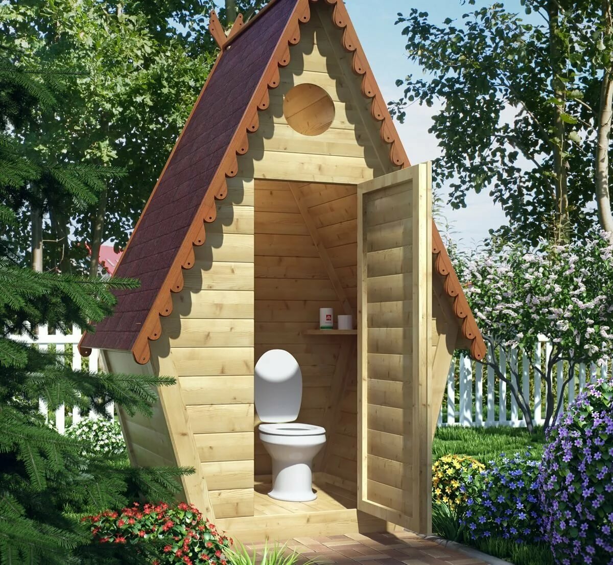 Красивый деревянный туалет для дачи